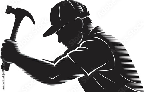 Hard Worker Silhouette: A strong silhouette of a construction worker powerfully swinging a claw hammer, conveying the essence of hard work, dedication, and craftsmanship. 