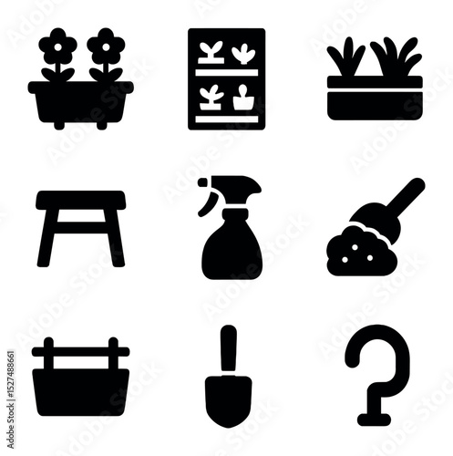 Balcony Garden Icons. Solid, filled icons set of balcony plant setup: railing planter, vertical garden, herb