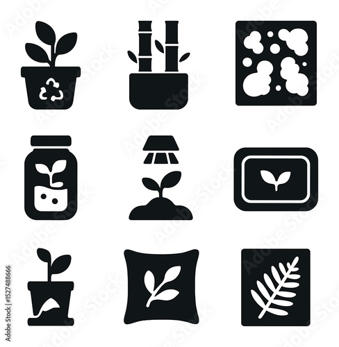 Eco Home Icon Set. Solid, filled icons set of eco home accents: recycled pot, bamboo planter, moss wall,