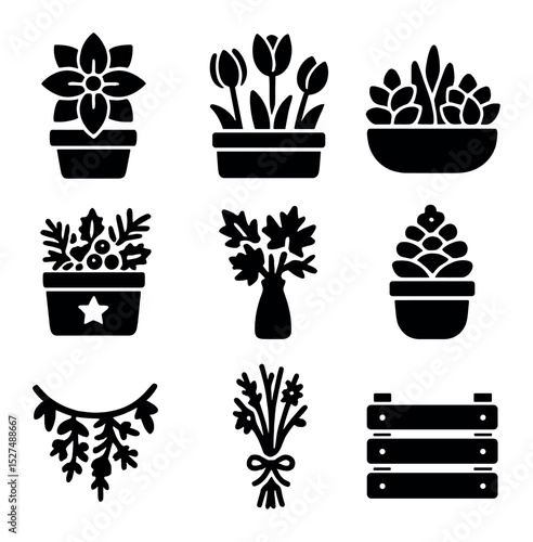 Seasonal Plant Icons. Solid, filled icons set of seasonal plant decor: poinsettia pot, spring tulips, summer