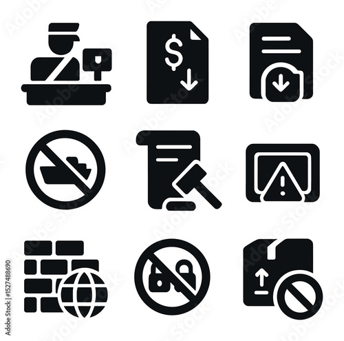 Trade Barriers Icons. Solid, filled icons set of tariffs and trade barriers: customs tariff, import tax icon,