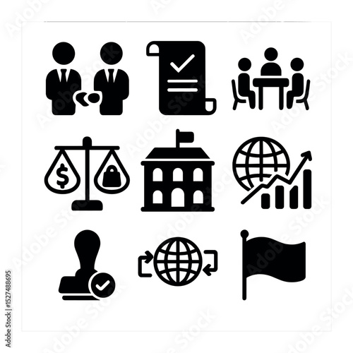 International Trade Icons. Solid, filled icons set of international trade negotiations: diplomat meeting,