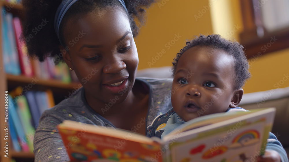 This mother engages her baby by reading a colorful storybook in a welcoming library. This mother engages her baby by reading a colorful storybook in a welcoming library.