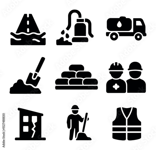 Post-Flood Recovery Icons. Solid, filled icons set of post-flood infrastructure recovery: submerged road,