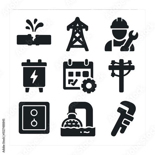Utility Repair Icons. Solid, filled icons set of restoring public utilities: burst pipe, electric grid icon,