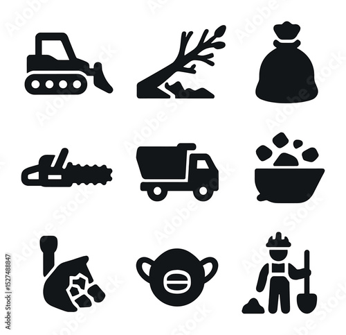 Debris Cleanup Icons. Solid, filled icons set of debris cleanup and removal: bulldozer, fallen tree, garbage