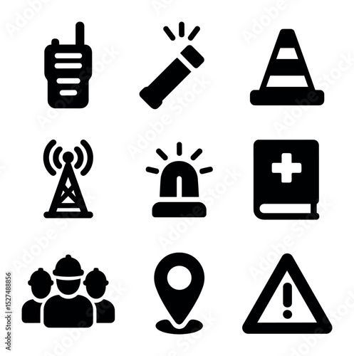 Safety & Communication Icons. Solid, filled icons set of communication and safety for repair teams