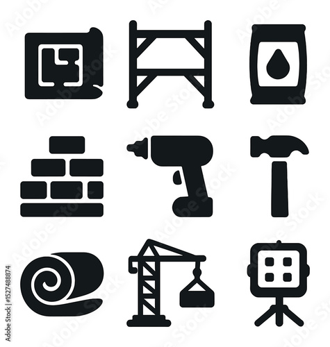 Rebuilding Infrastructure Icons. Solid, filled icons set of rebuilding infrastructure essentials: construction