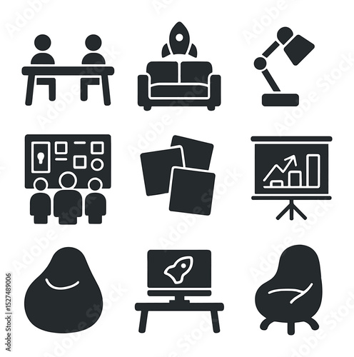 Creative Space Icons. Solid, filled icons set of coworking and creative spaces: shared table, startup lounge,