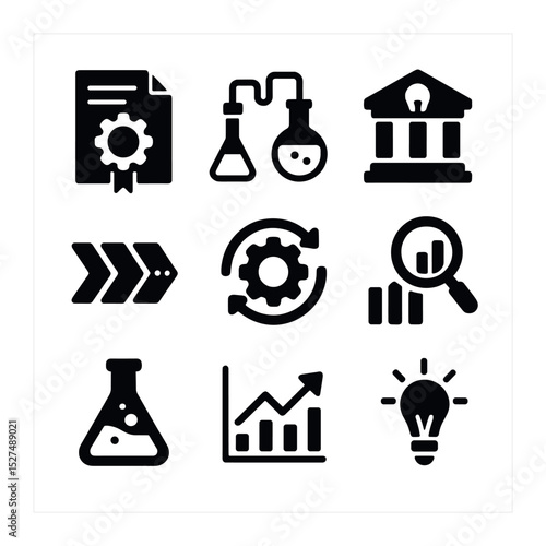 Innovation Icon Set. Solid, filled icons set of innovation management: patent document, research lab, idea
