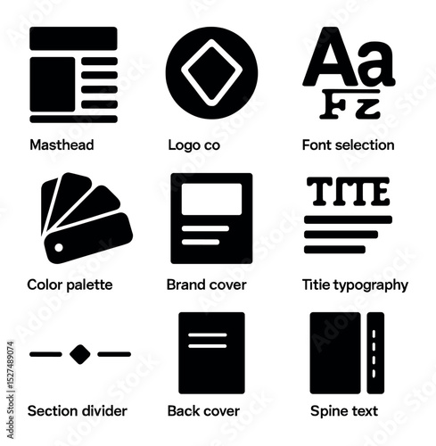Publication Branding Icons. Solid, filled icons set of publication branding: masthead design, logo concept,