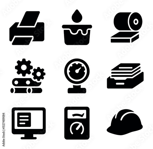 Pressroom Equipment Icons. Solid, filled icons set of pressroom equipment: plate setter, ink fountain, paper