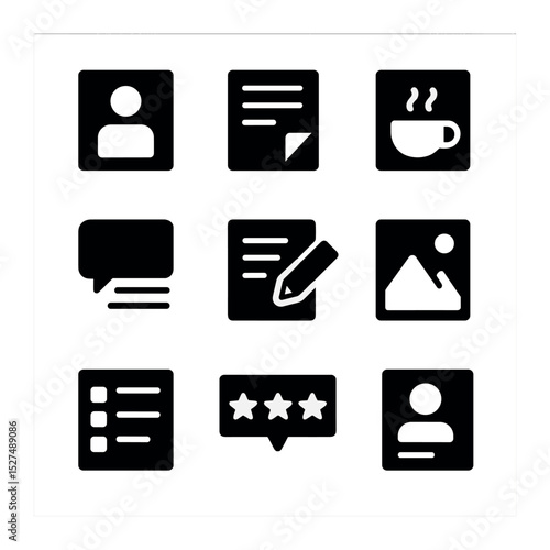 Magazine Content Icons. Solid, filled icons set of magazine content types: cover story, feature article,