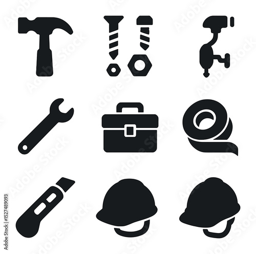 DIY Toolset Icons. Solid, filled icons set of DIY toolset: mini hammer, screws, nuts and bolts, hand drill,