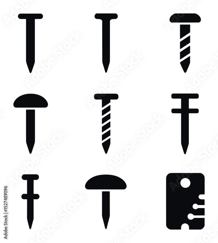 Nail Types Icons. Solid, filled icons set of nail types: common nail, finishing nail, masonry nail, roofing