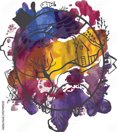 Monotype illustration based on a bright multi-colored spot