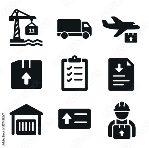 Export-Import Icons Grid. Solid, filled icons set of export-import infrastructure: seaport crane, freight