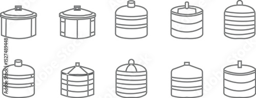 storage tank icon set, The cylindrical structure showcases a weathered texture, hinting at a history of storage and industry, Modern outline tank logo concept, vector design template elements icons,