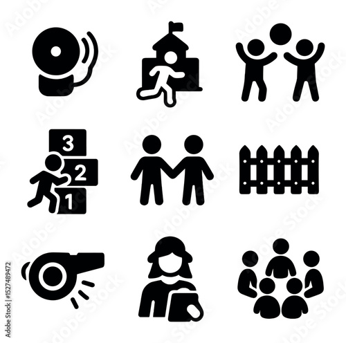 Schoolyard Icons Set. Solid, filled icons set of schoolyard playtime icons: bell ring, recess break, group