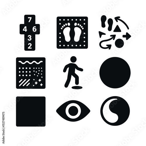 Sensory Play Icons. Solid, filled icons set of sensory and movement play: hopscotch trail, texture mat,