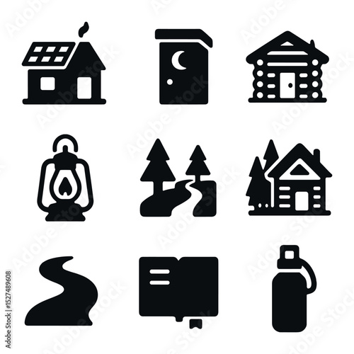 Off-Grid Eco Retreat Icons. Solid, filled icons set of off-grid eco retreats: solar cabin, compost toilet,