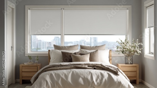 front facing of a photorealistic American bedroom with a large window fully covered by smooth white blackout roller blind
