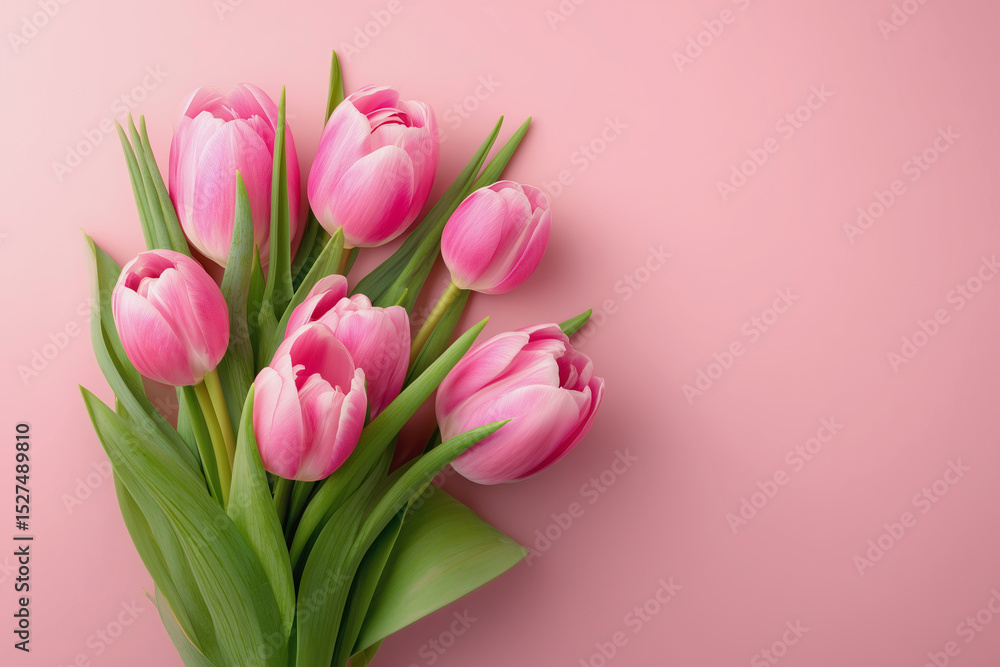 Fototapeta premium A bouquet of pink tulips is arranged on a pink background. The flowers are the main focus of the image, and they are arranged in a way that creates a sense of harmony and balance
