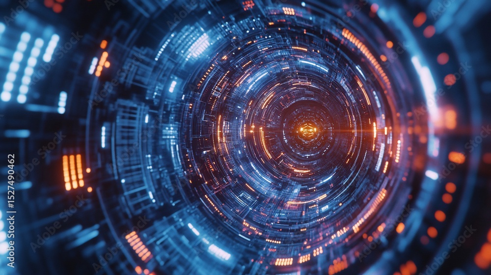 Obraz premium Abstract Technological Tunnel with Glowing Lights and Intricate Patterns