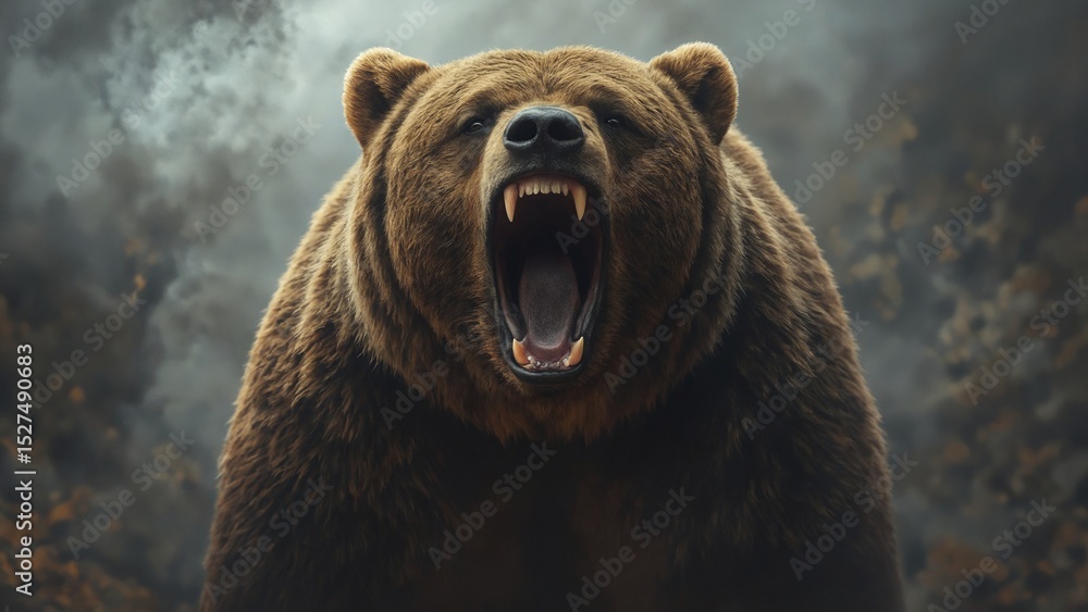 Obraz premium An intense illustration of a roaring bear emerging from a dark, misty background with a powerful, fierce expression and dramatic details