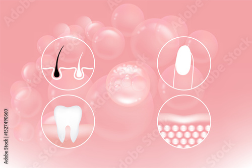 Hyaluronic acid hair teeth, nails, skin solutions ad, pink collagen serum drop with cosmetic advertising background ready to use, illustration vector.		