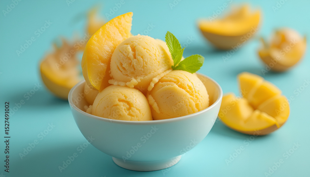 3D model of mango ice cream scoop with mango slice and mint leaf garnish, placed in ceramic bowl, summer dessert concept 3D model of mango ice cream scoop with mango slice and mint leaf garnish, placed in ceramic bowl, summer dessert concept