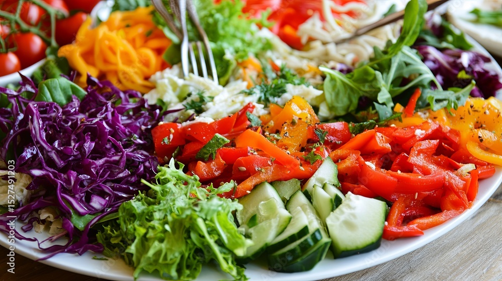 Vibrant vegetable salad plated with fresh ingredients and garnishes. Vibrant vegetable salad plated with fresh ingredients and garnishes.