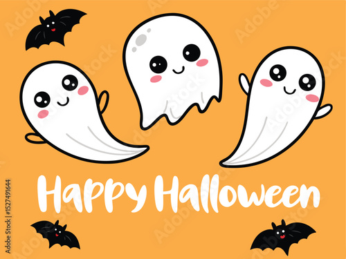 Adorable halloween cartoon illustration featuring friendly ghosts and bats against a pumpkin background