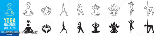 Wellness Meditation Practice Yoga and Zen icons set. Relaxation Inner Peace Self-knowledge Inner Concentration Editable Stroke Line icons collection Vector.