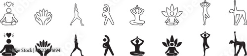 Wellness Meditation Practice Yoga and Zen icons set. Relaxation Inner Peace Self-knowledge Inner Concentration Editable Stroke Line icons collection Vector.