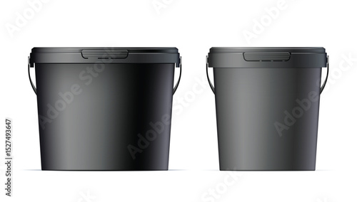 Black plastic set bucket with Black lid. Product Packaging For food, foodstuff or paints, adhesives, sealants, primers, putty. MockUp Template For Your Design. Vector illustration.