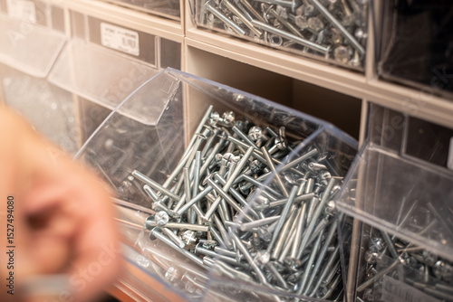 High-resolution macro image of metal screws arranged by size and type. Ideal for showcasing home improvement supplies.