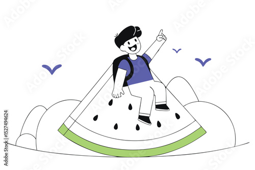 Cheerful illustration of a young boy with a blue backpack enjoying a ride on a playground glider