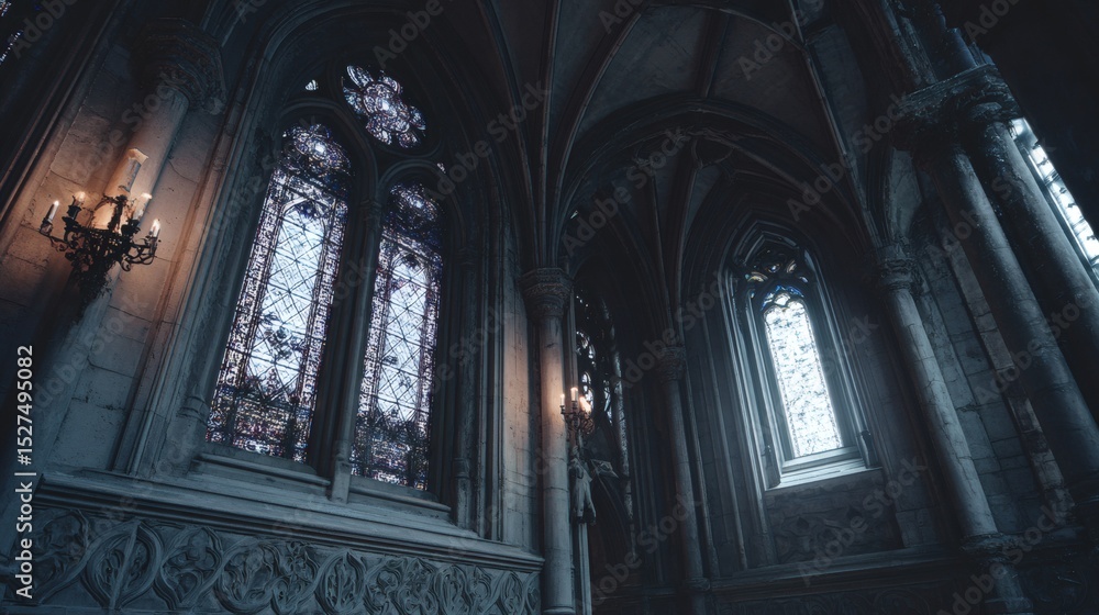 Fototapeta premium Church Interior with Stained Glass Window and Candle