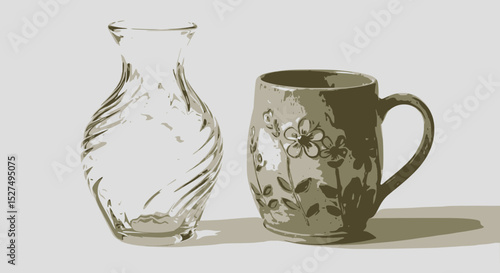 A clear glass vase with swirling texture next to a green ceramic mug with pink flowers.
