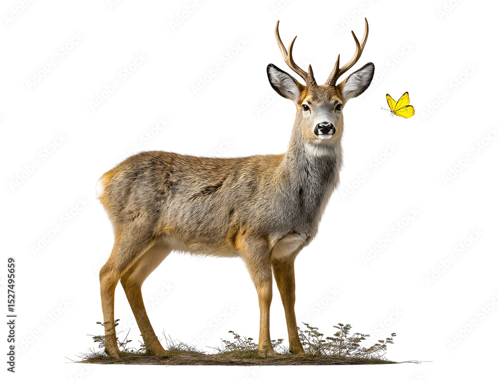 Fototapeta premium roe deer with a butterfly perched on its head isolated on transparent background