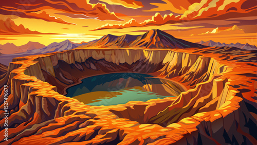 Vector illustration of a tranquil crater lake nestled inside an extinct volcano perfect for geological themes, adventure maps, and peaceful natural scenes