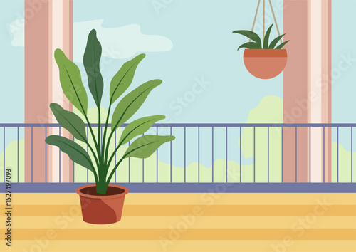 Green potted plant and hanging plant on a balcony railing. Outdoor home decor for nature inspired backdrop.