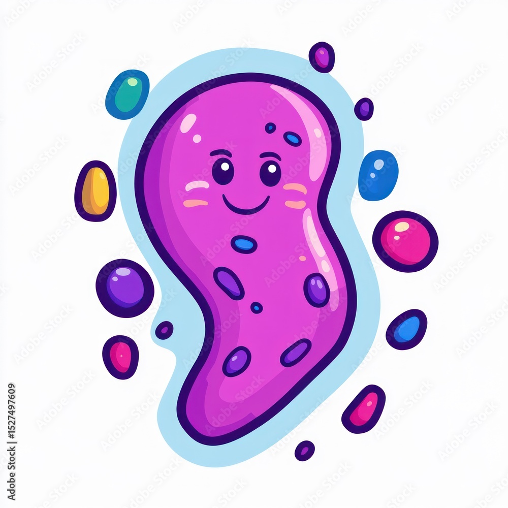Cartoonish purple blob with a smile. Surrounded by colorful dots Cartoonish purple blob with a smile. Surrounded by colorful dots