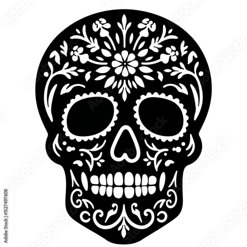Elegant sugar skull silhouette with floral patterns, Day of the Dead