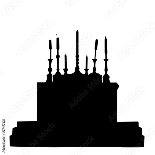 Ceremonial altar silhouette with candles on white background, symbolism