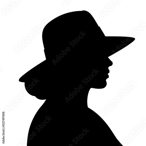 Elegant silhouette with large pink hat on white background, fashion concept