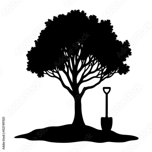 Silhouette of a tree with shovel for planting, environmental conservation