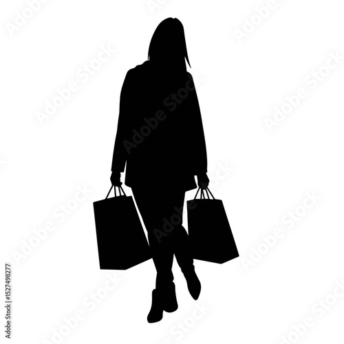 Silhouette of early bird shopper carrying bags, minimalist style