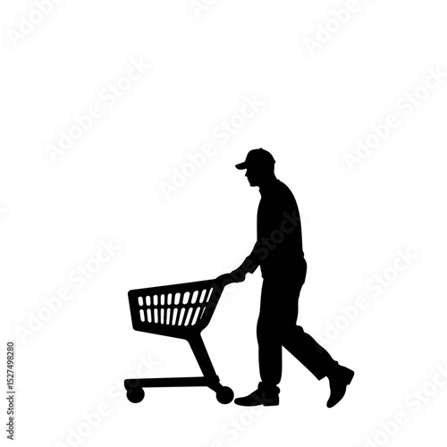 Silhouette of a person pushing shopping cart at dawn, early bird shoppers